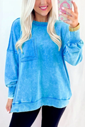 Blue Mineral Wash Raw Seam Double Patched Pocket Sweatshirt