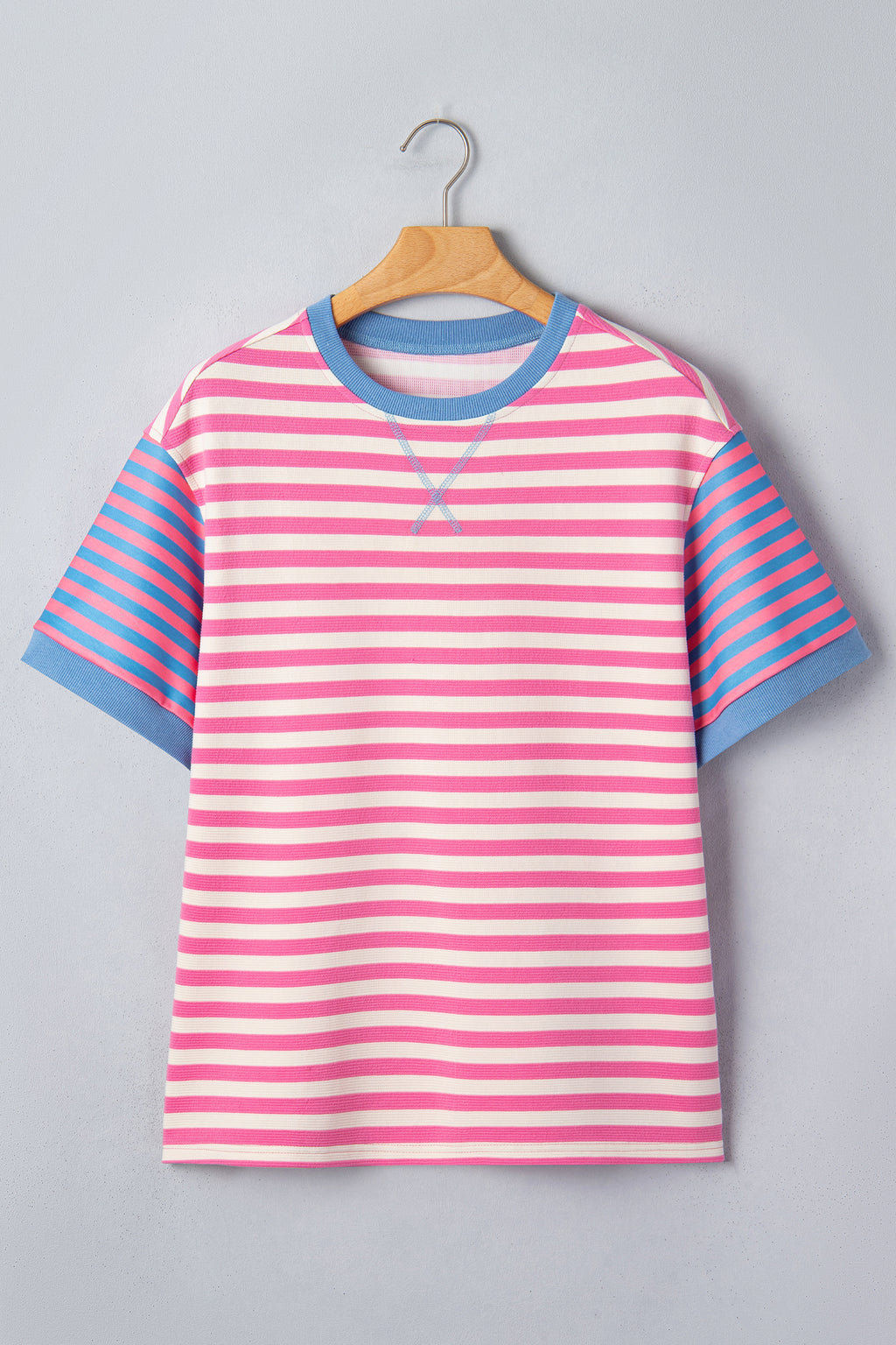 Pink Stripe Contrast Patchwork Short Sleeve Top
