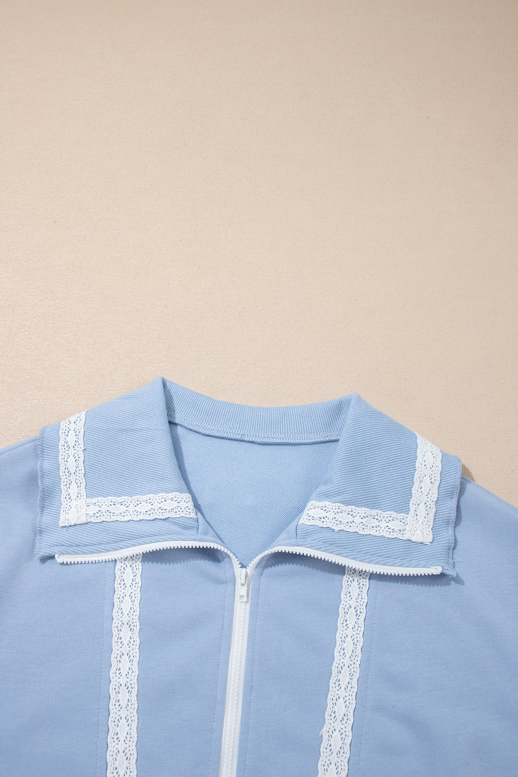 Sky Blue Lace Accent Zipped Collar Two Piece Set