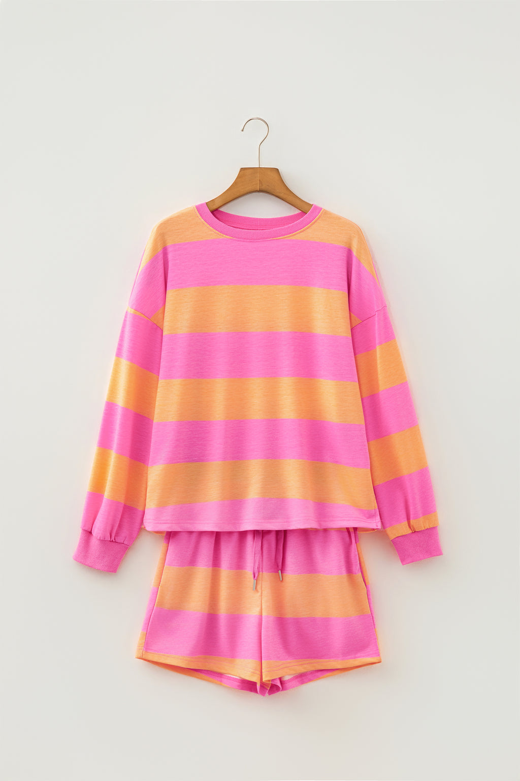 Pink Stripe Long Sleeve Casual Top Drawstring Shorts Two Piece Set