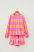 Pink Stripe Long Sleeve Casual Top Drawstring Shorts Two Piece Set