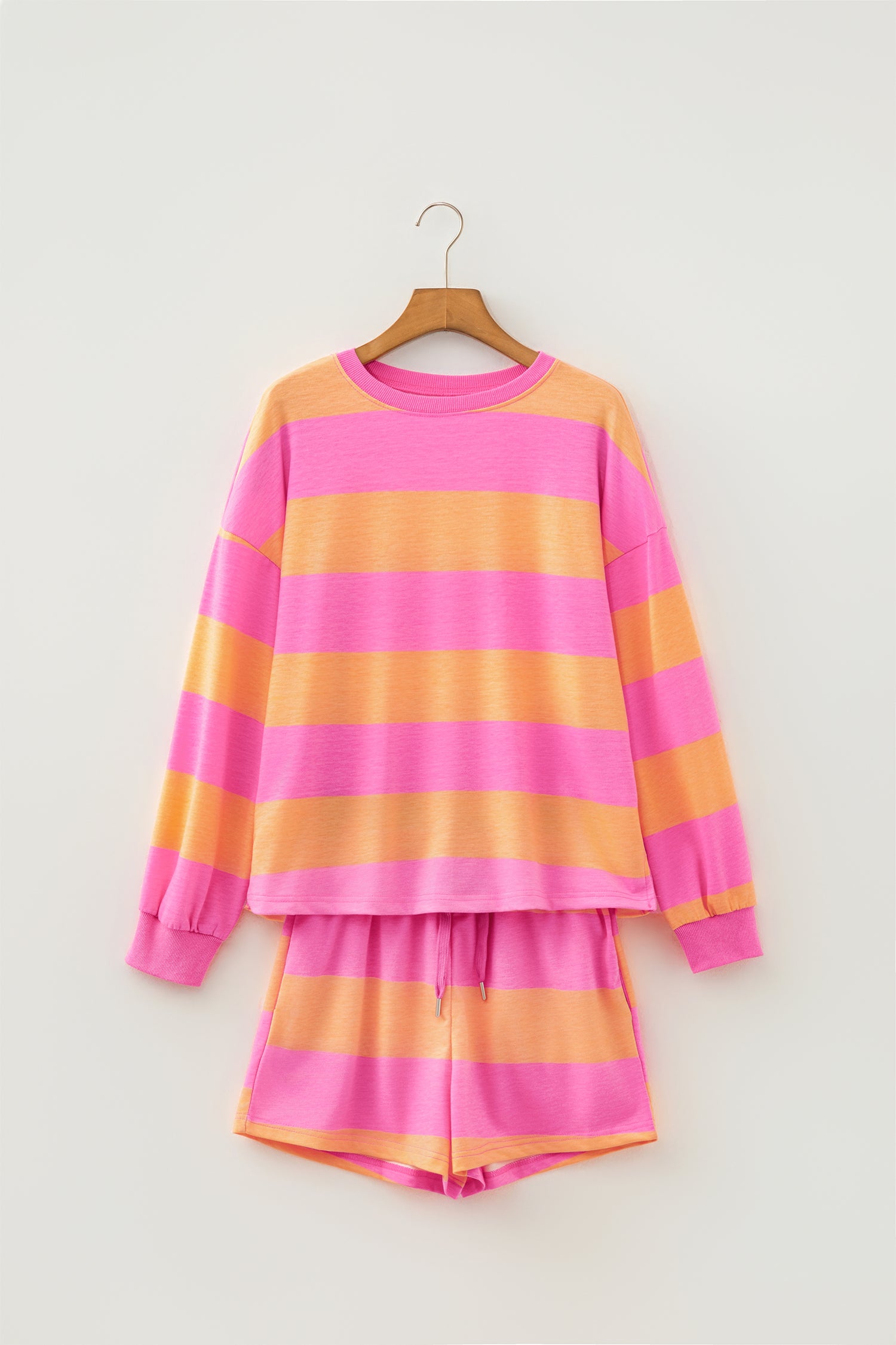 Pink Stripe Long Sleeve Casual Top Drawstring Shorts Two Piece Set