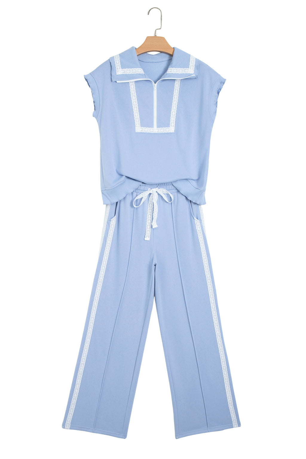 Sky Blue Lace Accent Zipped Collar Two Piece Set