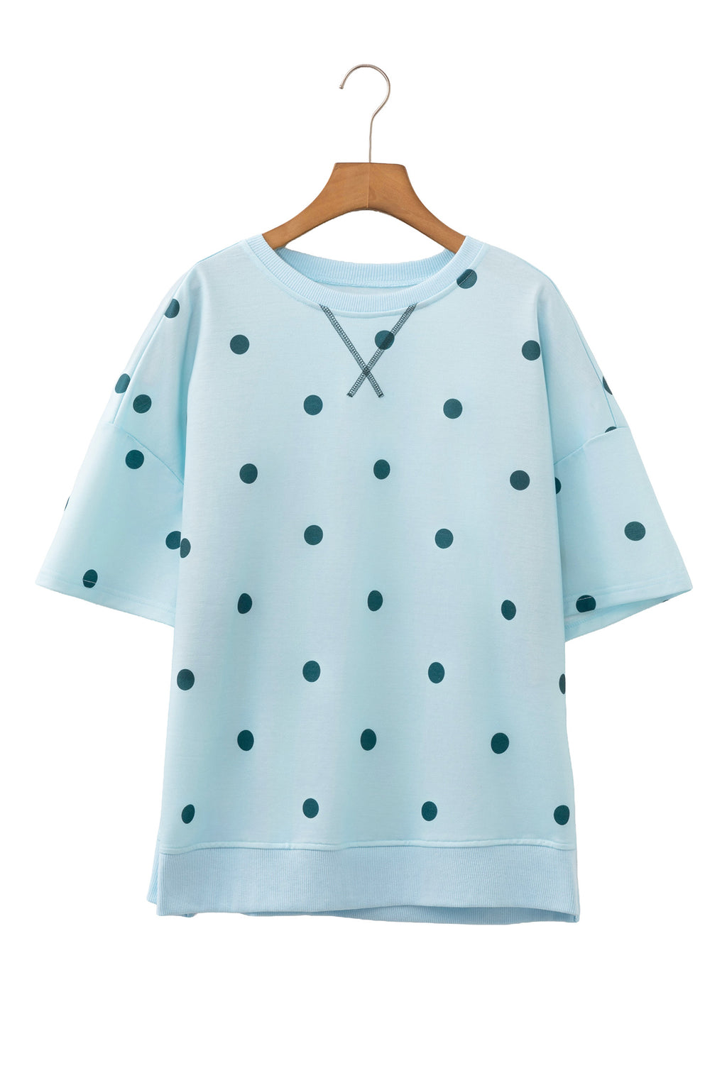 Sky Blue Polka Dot Print Crossed Seam Detail Oversize Top