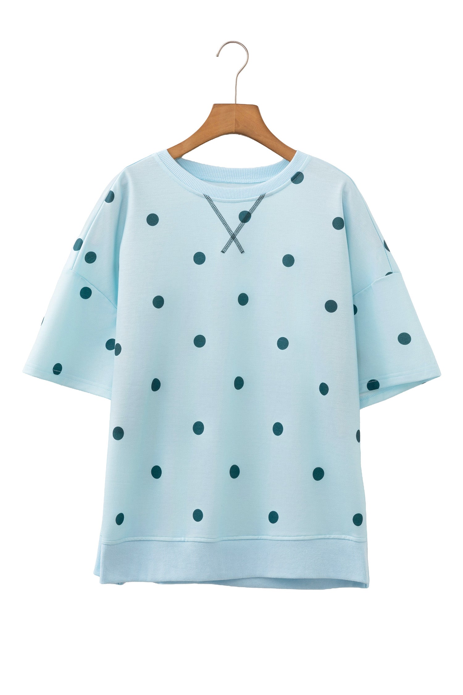 Sky Blue Polka Dot Print Crossed Seam Detail Oversize Top