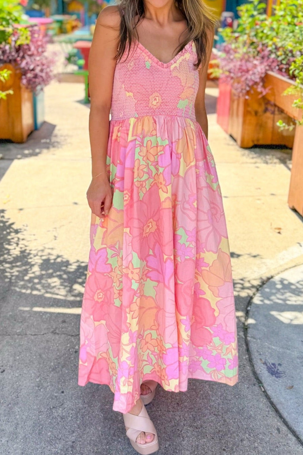 Spaghetti Strap Floral Shirred High Waist Dress