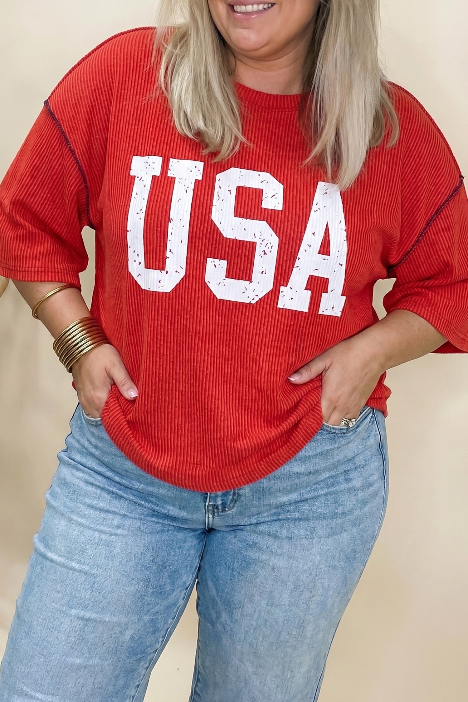 Plus Size Twisted Rib Vintage USA Letter Printed Top
