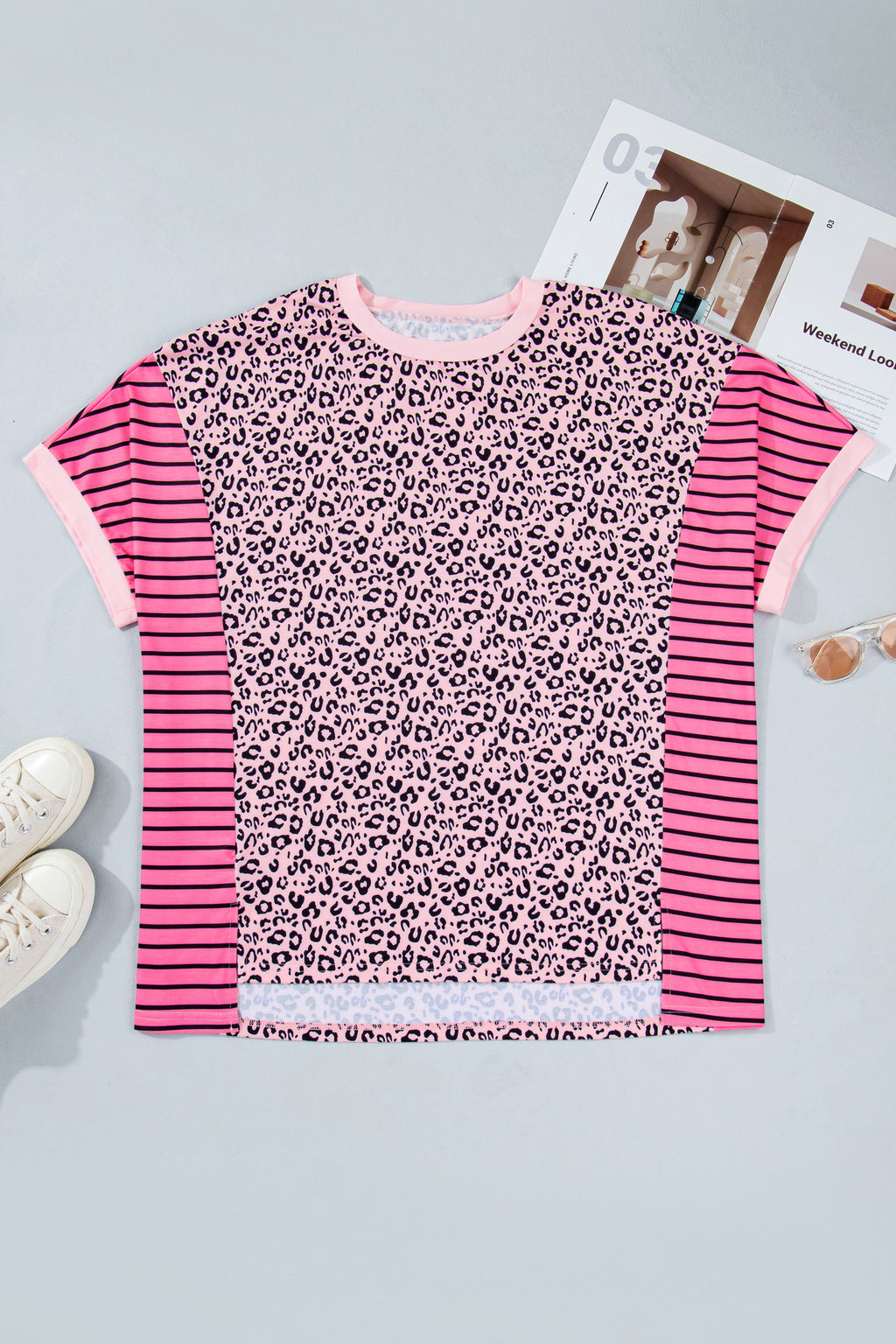 Pink Leopard Striped Contrast Patchwork Plus Size Top