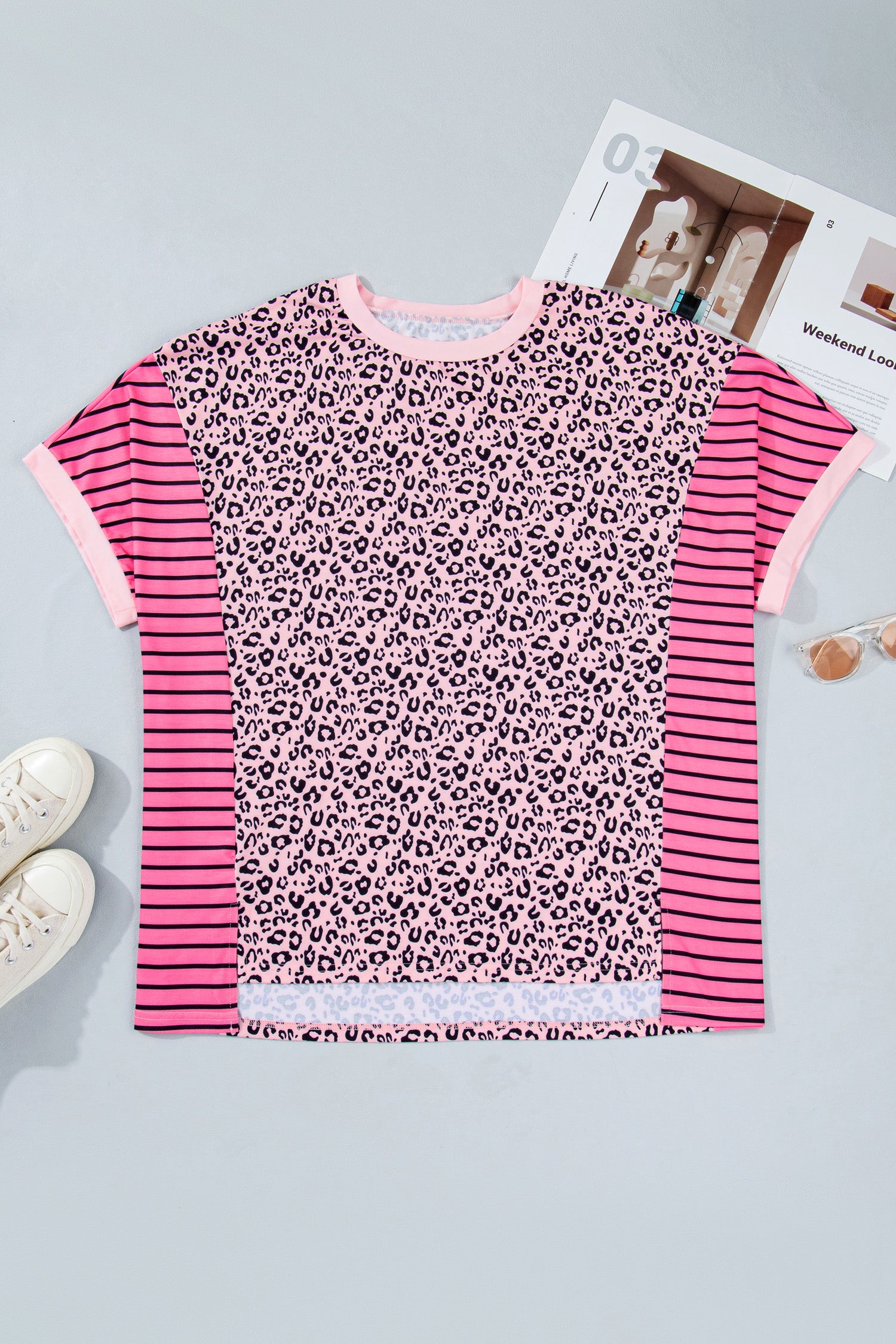 Pink Leopard Striped Contrast Patchwork Plus Size Top