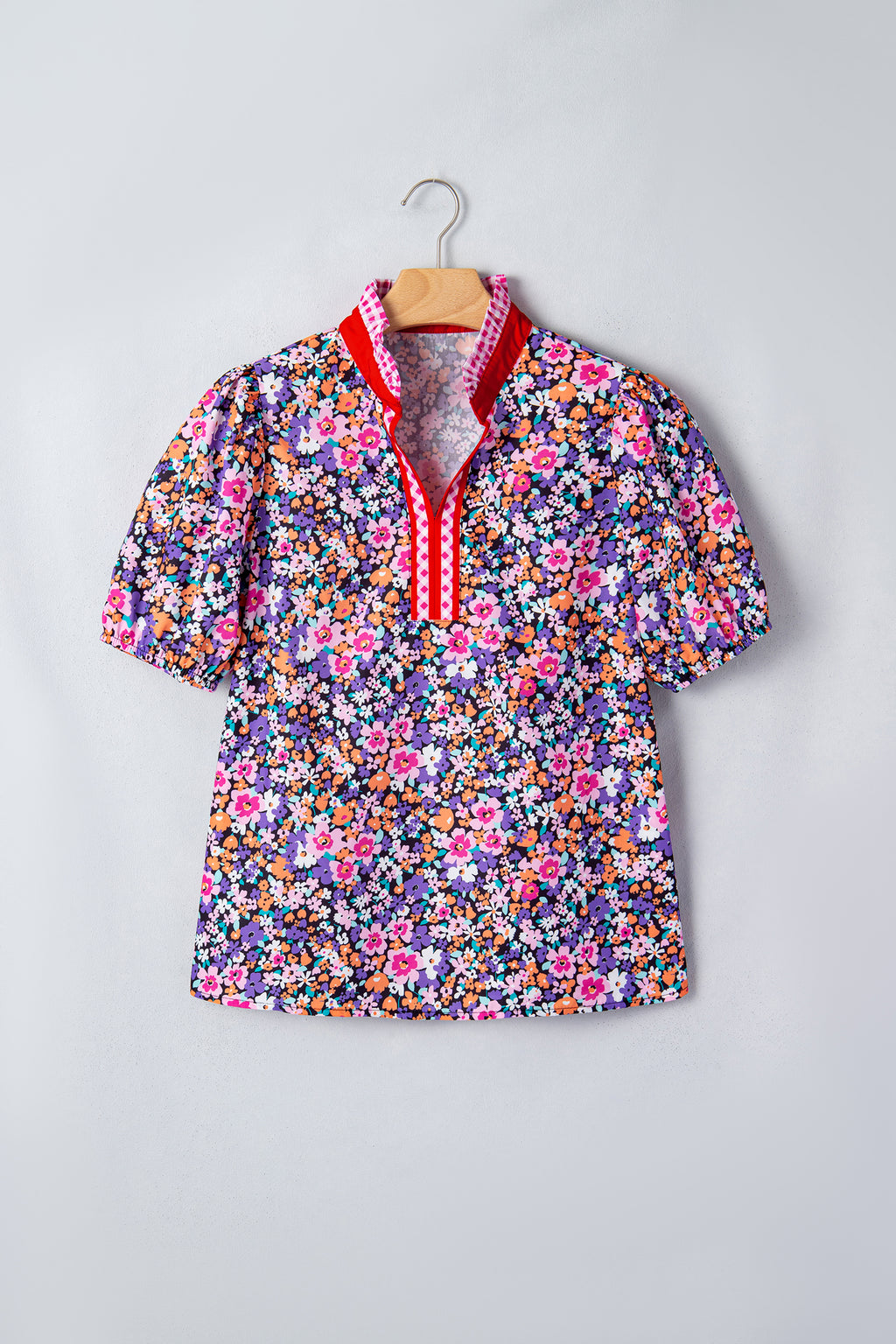 Floral Print Colorblock Trim V Neck Top