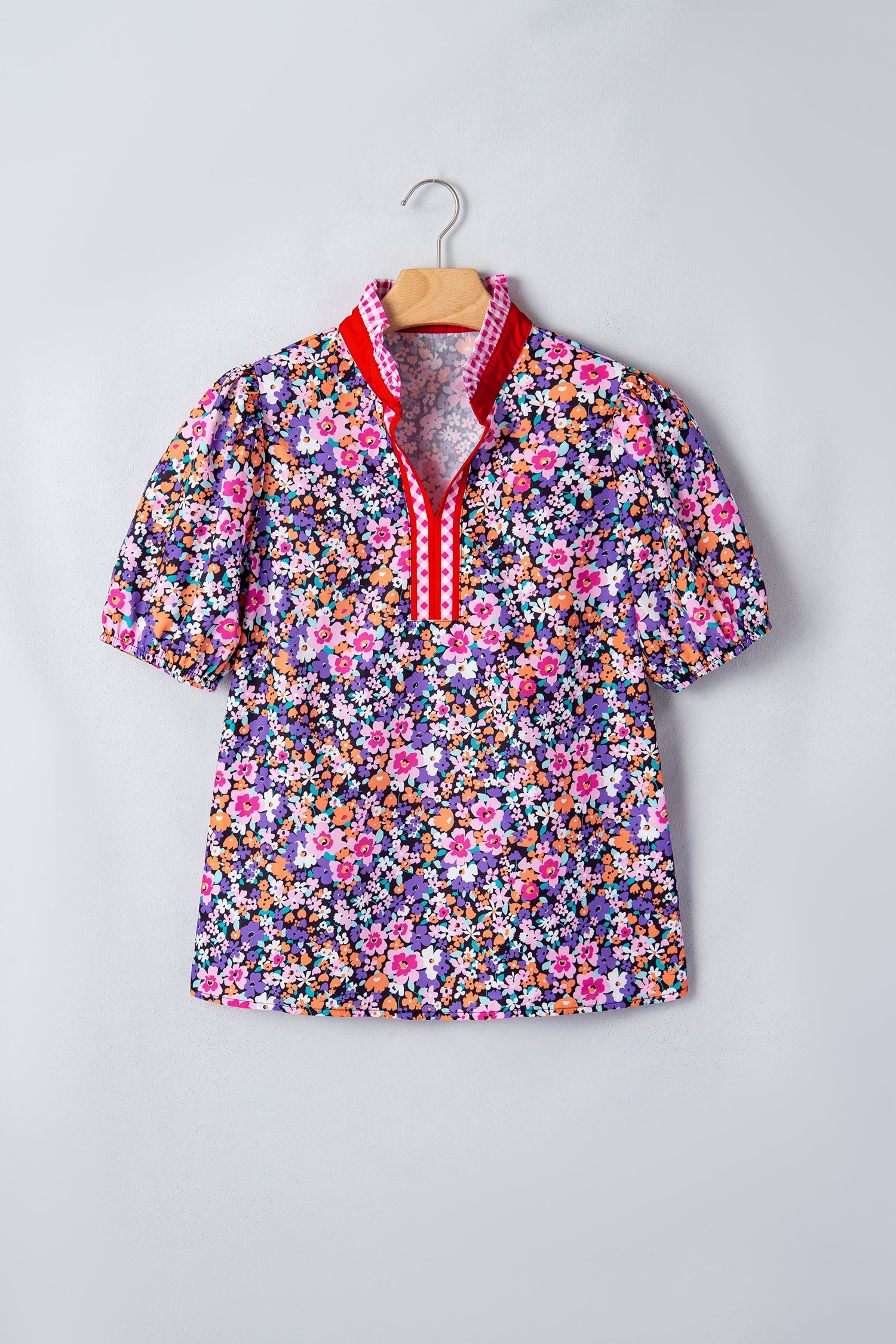 Floral Print Colorblock Trim V Neck Top