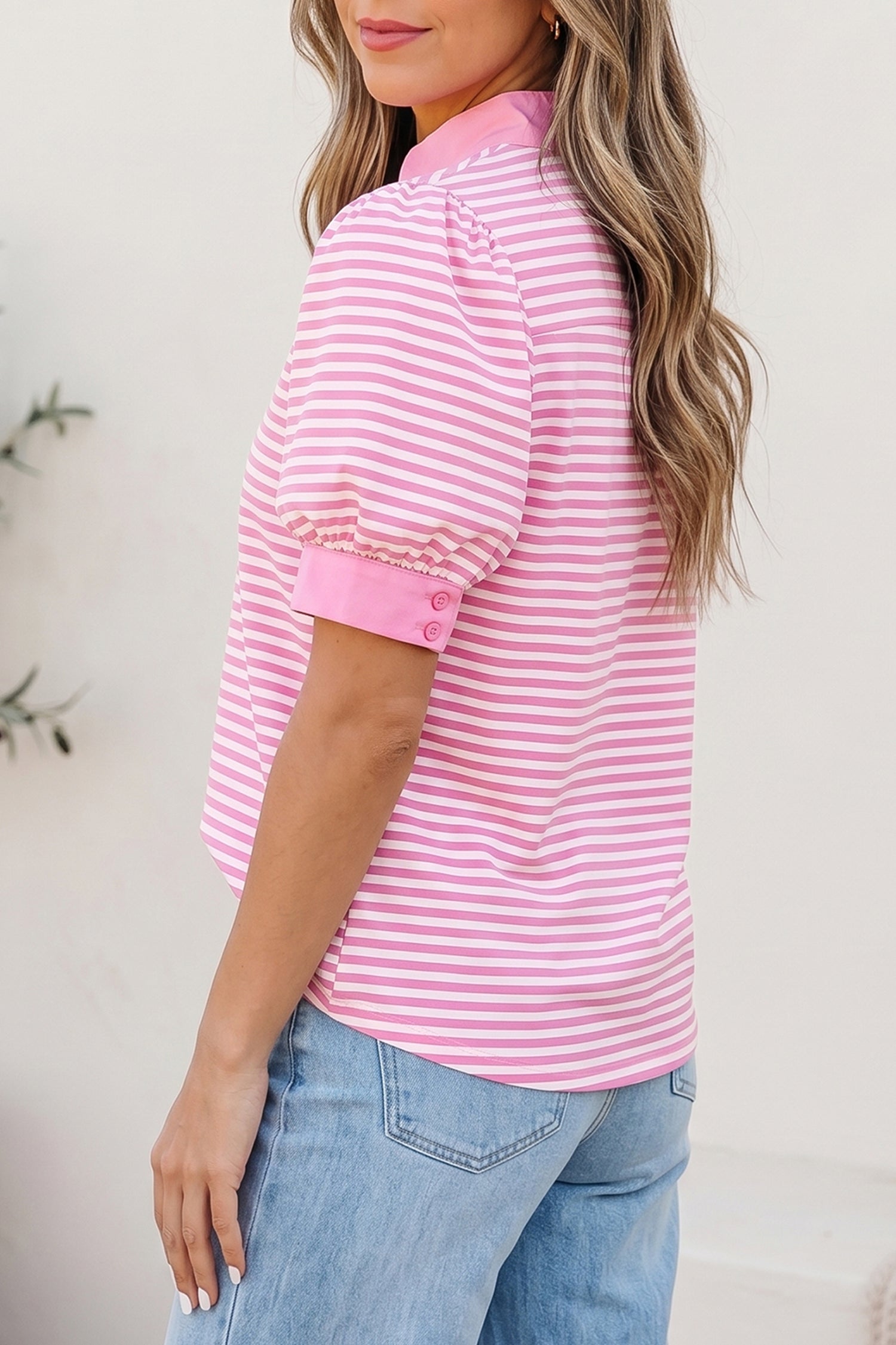 Pink Stripe Color Block Detail Split Neck Short Sleeve Top