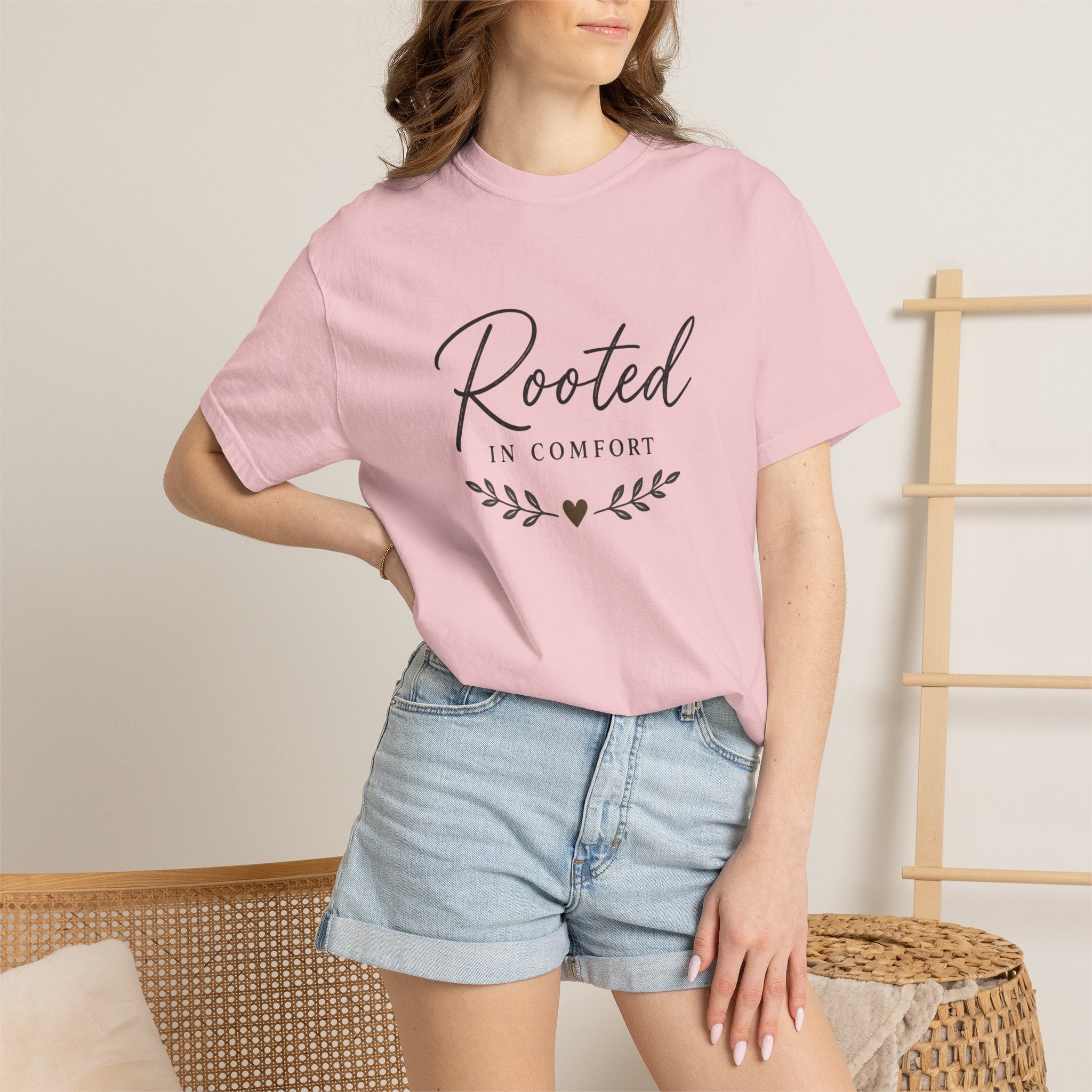 Rooted in Comfort T-Shirt — Cozy Script Graphic Tee with Leaf Accent