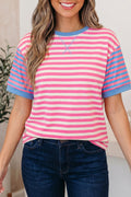 Pink Stripe Contrast Patchwork Short Sleeve Top