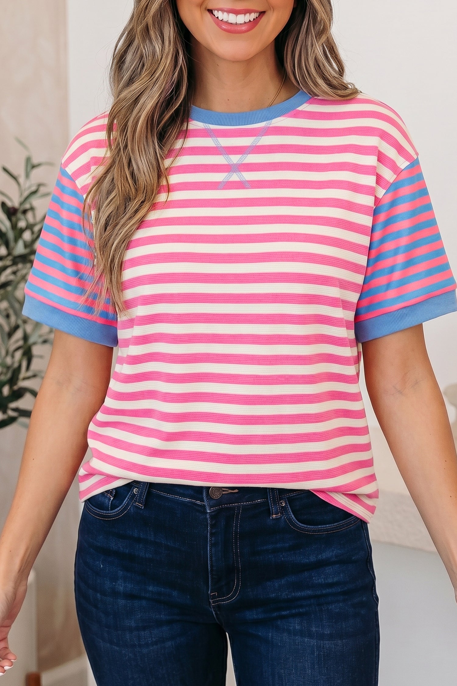 Pink Stripe Contrast Patchwork Short Sleeve Top