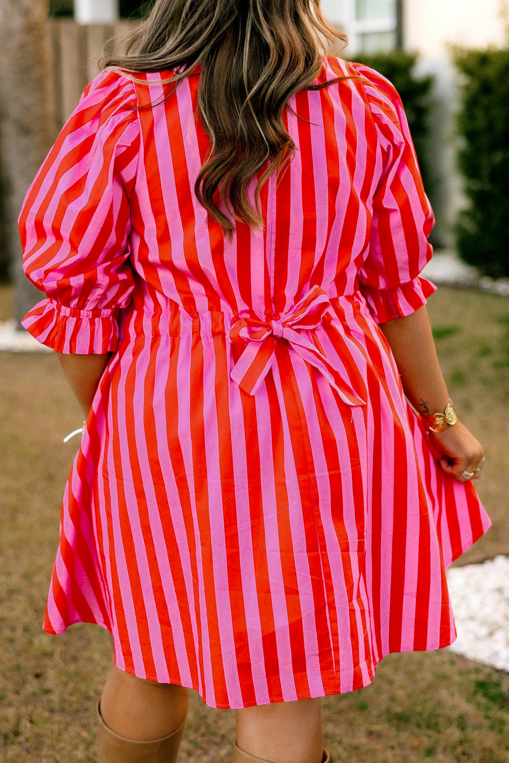 Stripe Collar Button Neck Short Sleeve Curvy Mini Dress