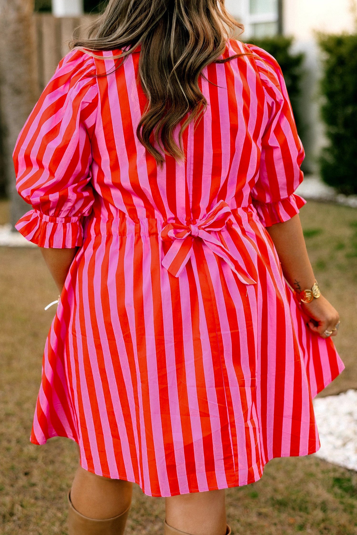 Stripe Collar Button Neck Short Sleeve Curvy Mini Dress