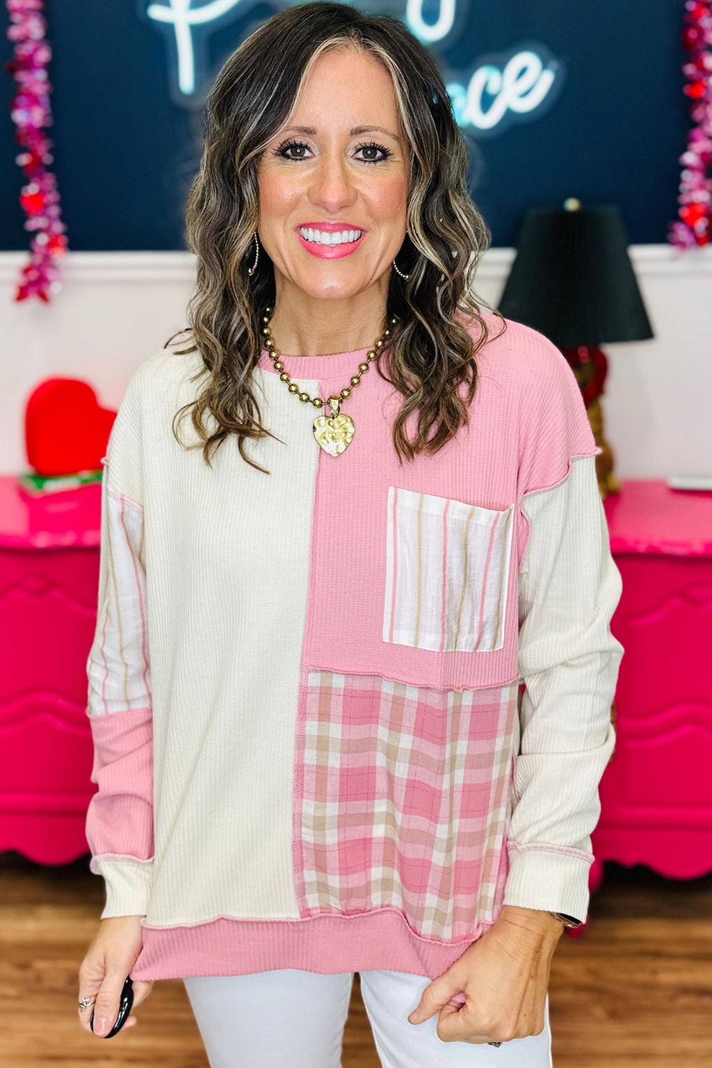 Pink Colorblock Plaid Panel Long Sleeve Plus Size Top