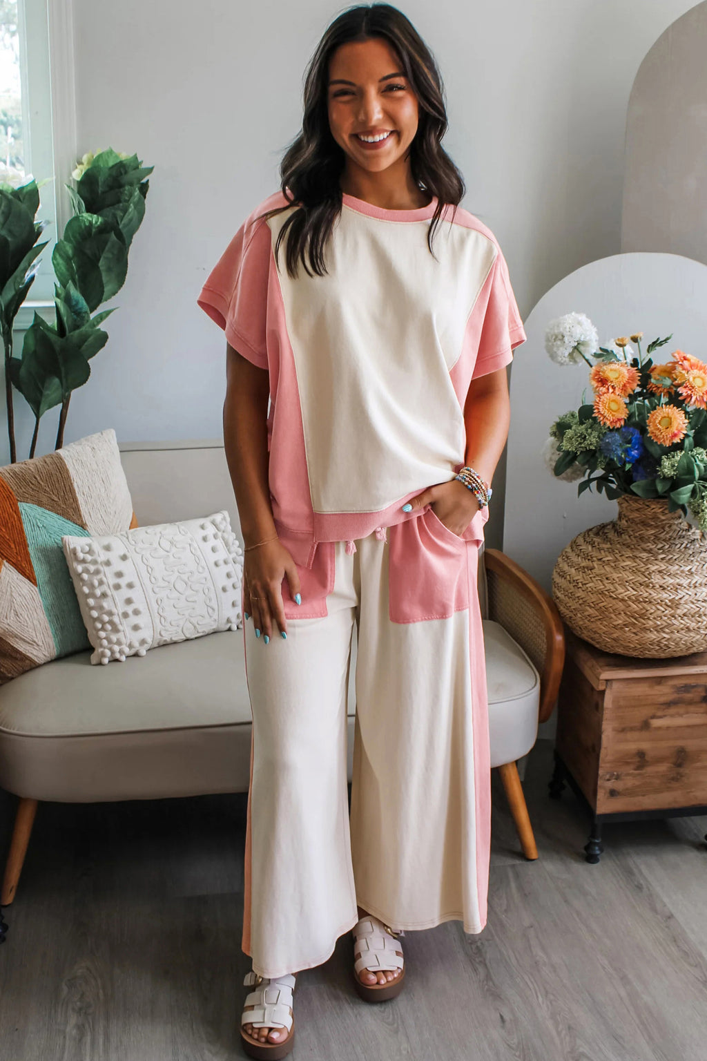 White Two-tone Color Block Drawstring Loose Pant Set