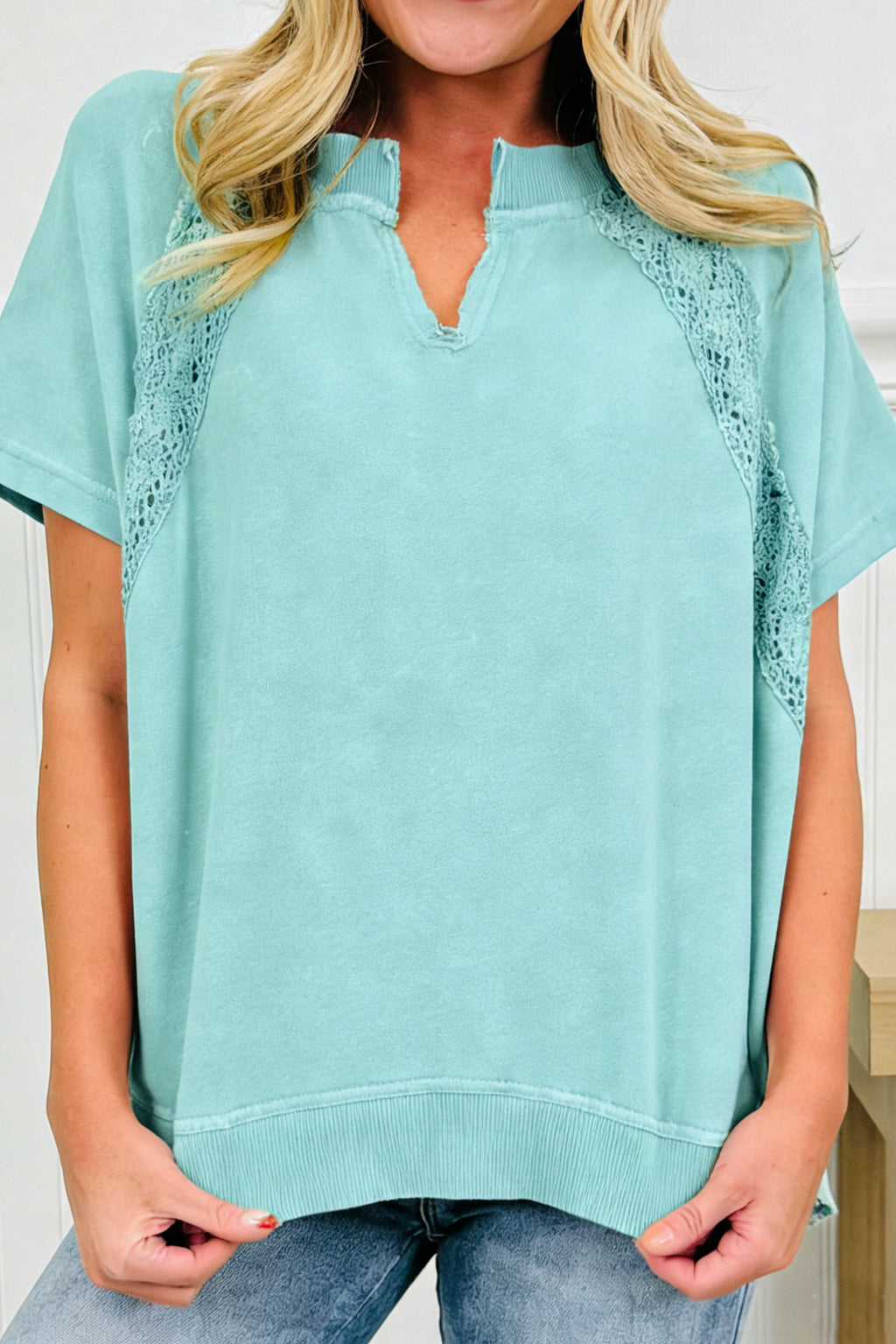 Mint Green Raw Cut Notched Neck Lace Patchwork Detail Mineral Wash Top