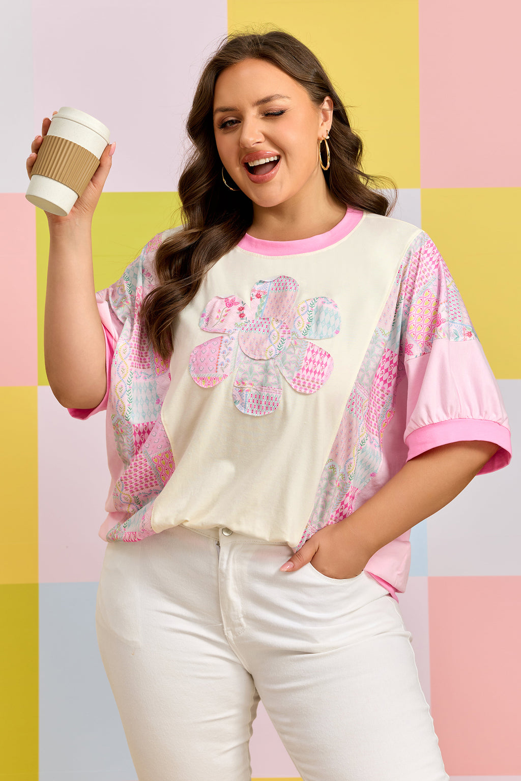 Beige Plus Size Floral Patchwork Short Sleeve Patch Embroidery Cotton Top