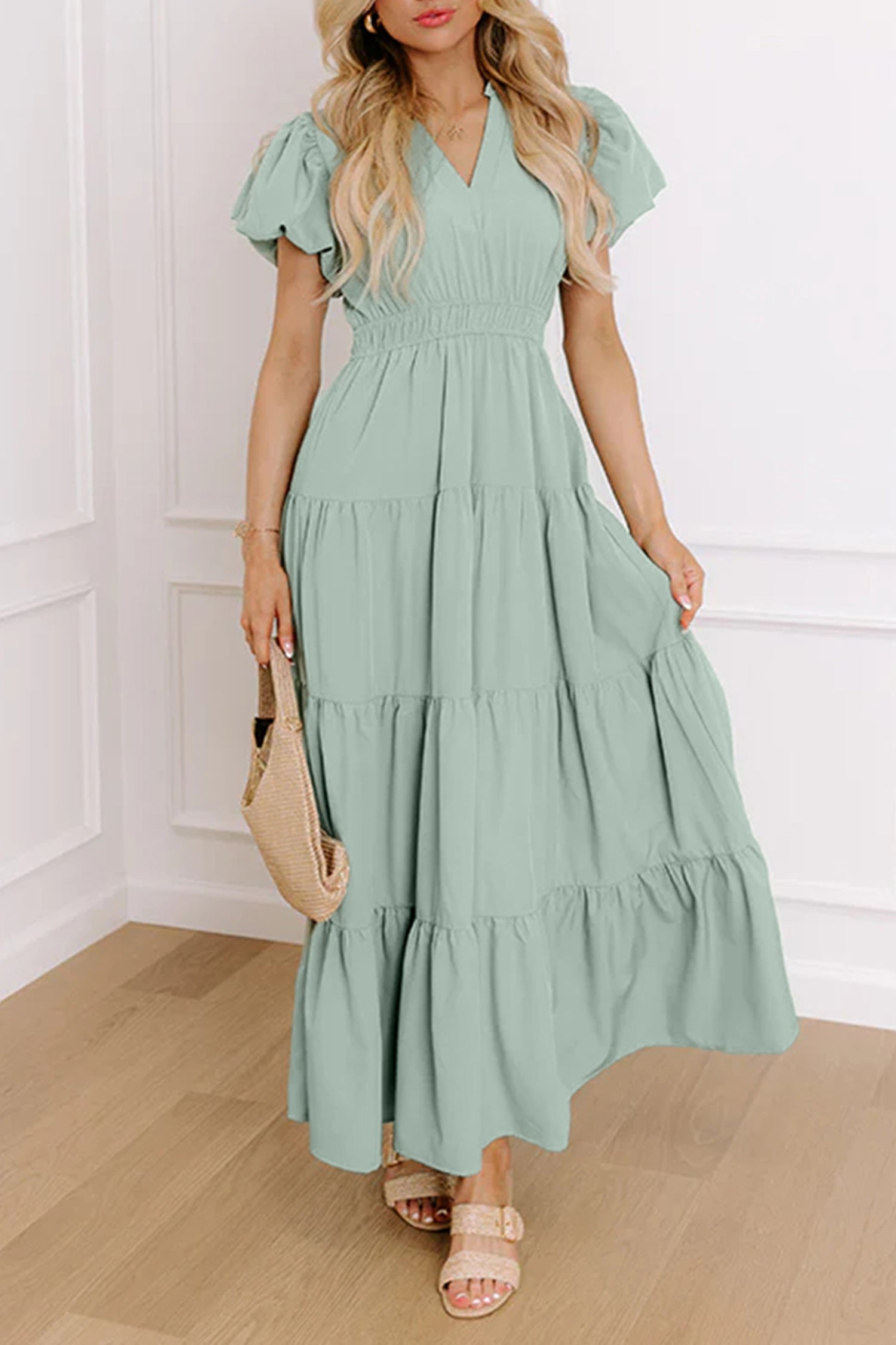 Green Solid Color V Neck Short Puff Sleeve High Waist Tiered Maxi Dress