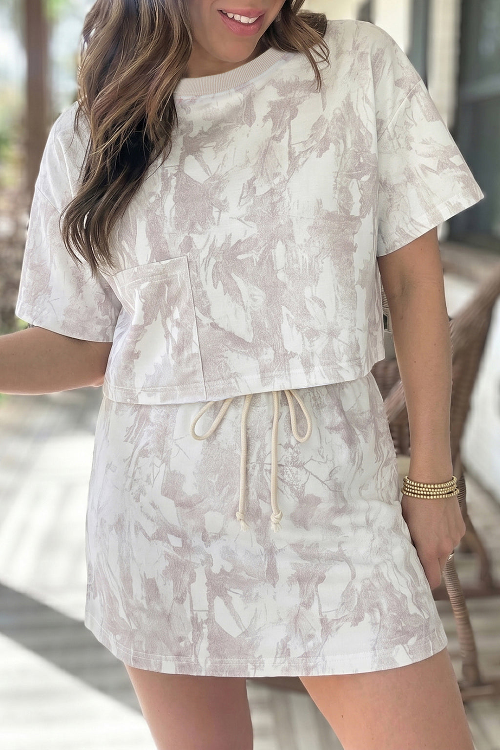 Gray Woodland Camo Print Raw Edge Cropped Set