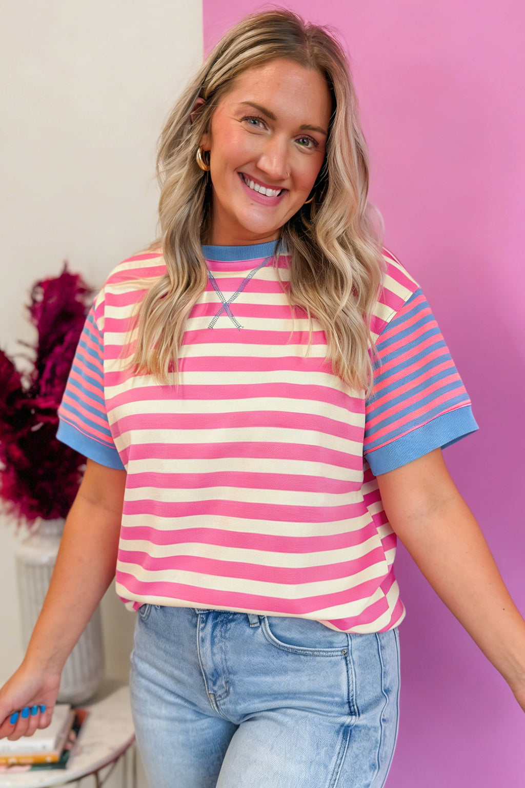 Pink Stripe Contrast Patchwork Short Sleeve Top