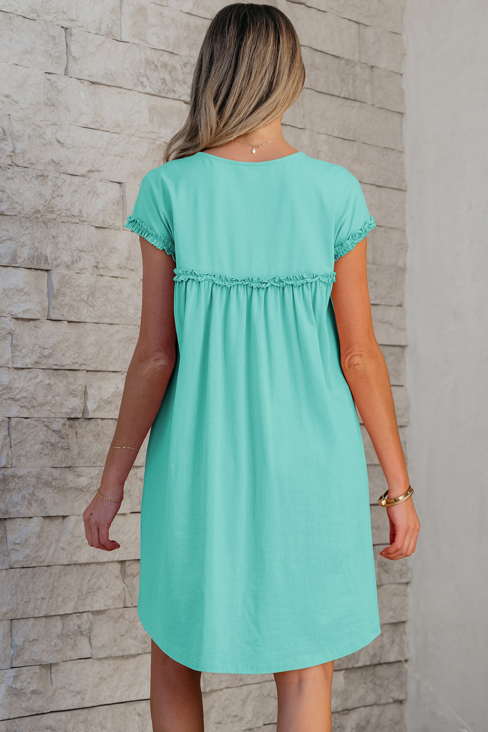 Frilled Trim Crew Neck Loose Fit Mini Dress
