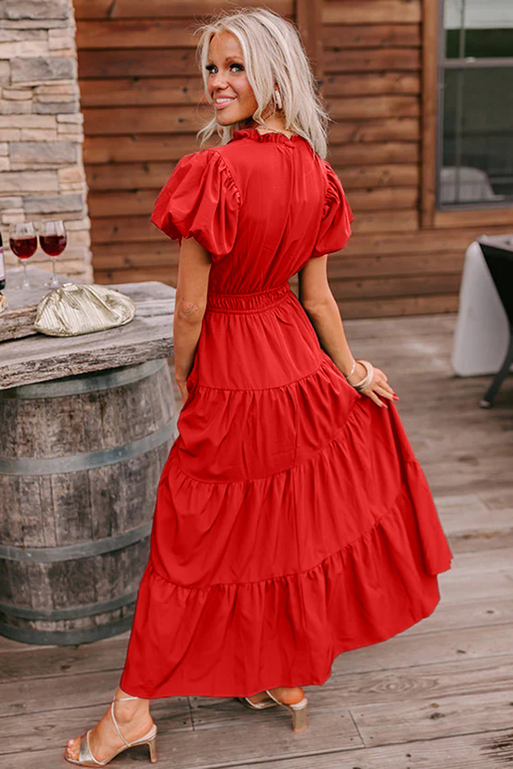 Green Solid Color V Neck Short Puff Sleeve High Waist Tiered Maxi Dress