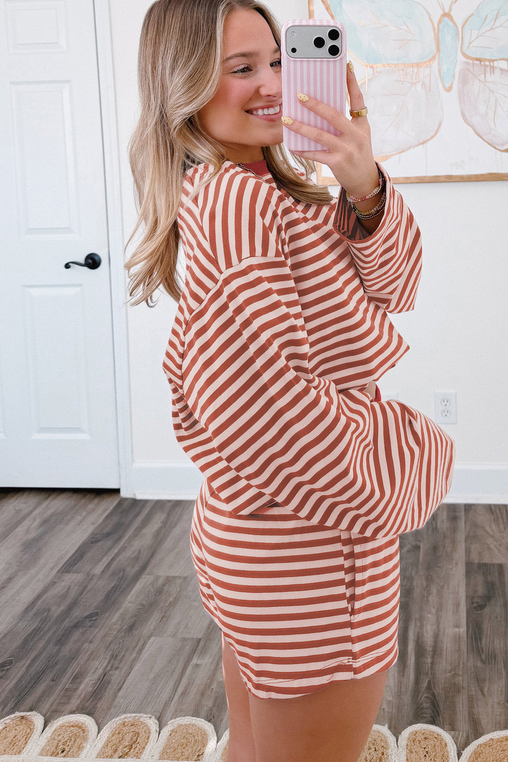 Stripe Relaxed Long Sleeve Top Contrast Elastic Waistband Two Piece Set