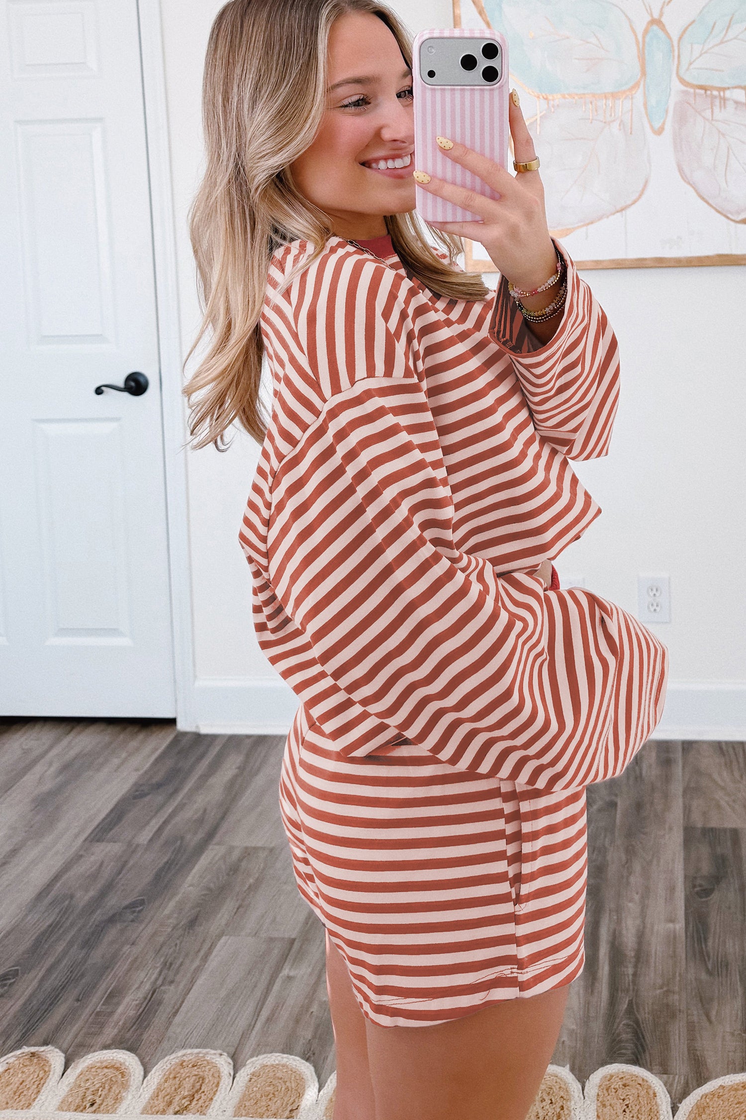 Stripe Relaxed Long Sleeve Top Contrast Elastic Waistband Two Piece Set