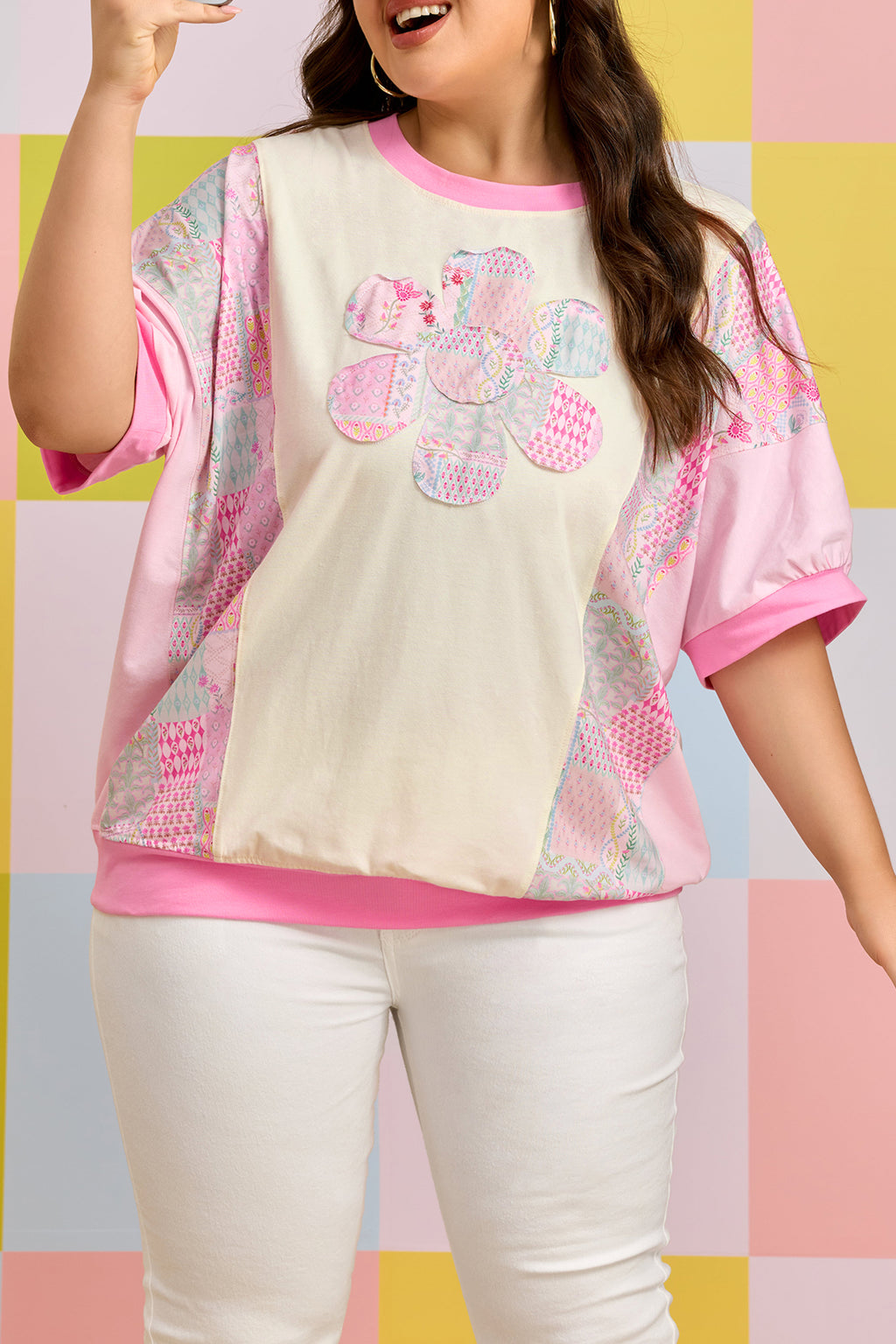 Beige Plus Size Floral Patchwork Short Sleeve Patch Embroidery Cotton Top