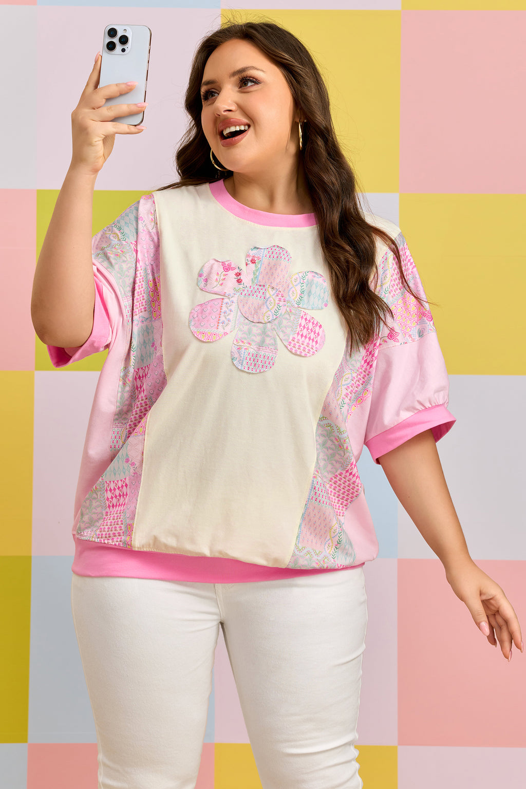 Beige Plus Size Floral Patchwork Short Sleeve Patch Embroidery Cotton Top