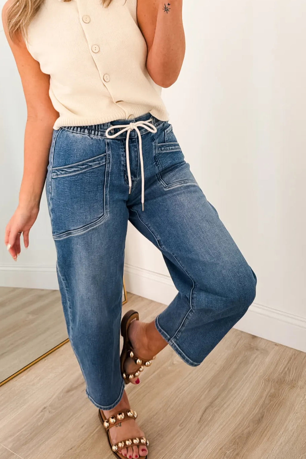 Ashleigh Blue Drawstring Waist Ankle Length Casual Jeans Pocket Detail Denim Pants