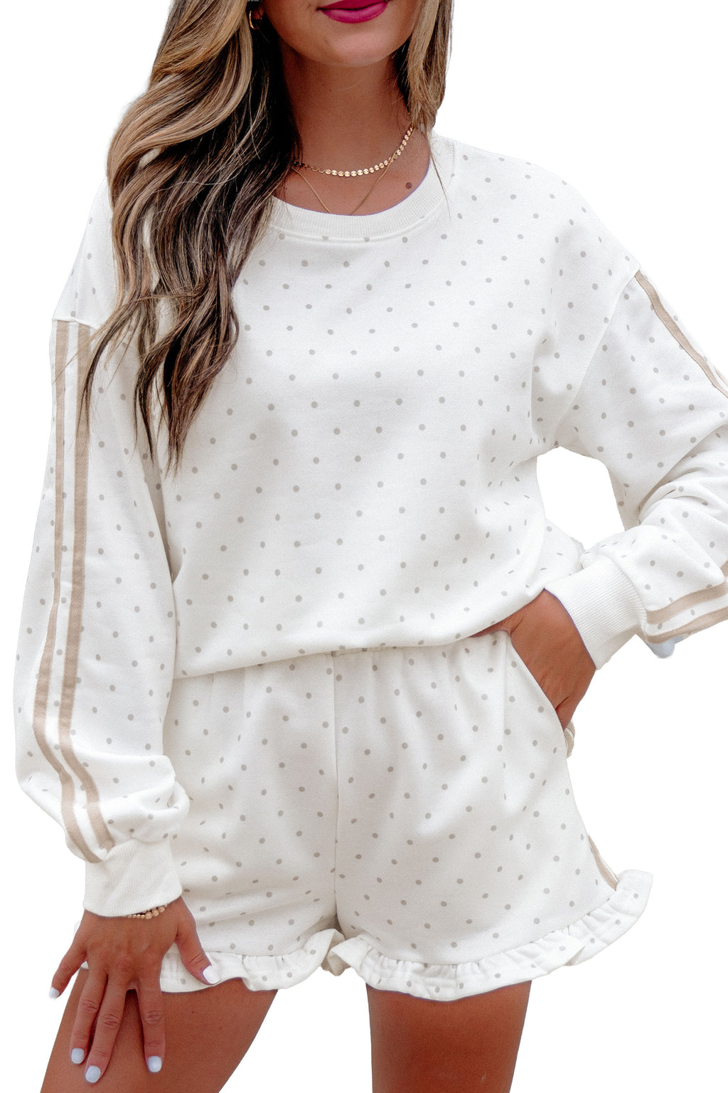 White Polka Dot Print Side Stripe Two Piece Set