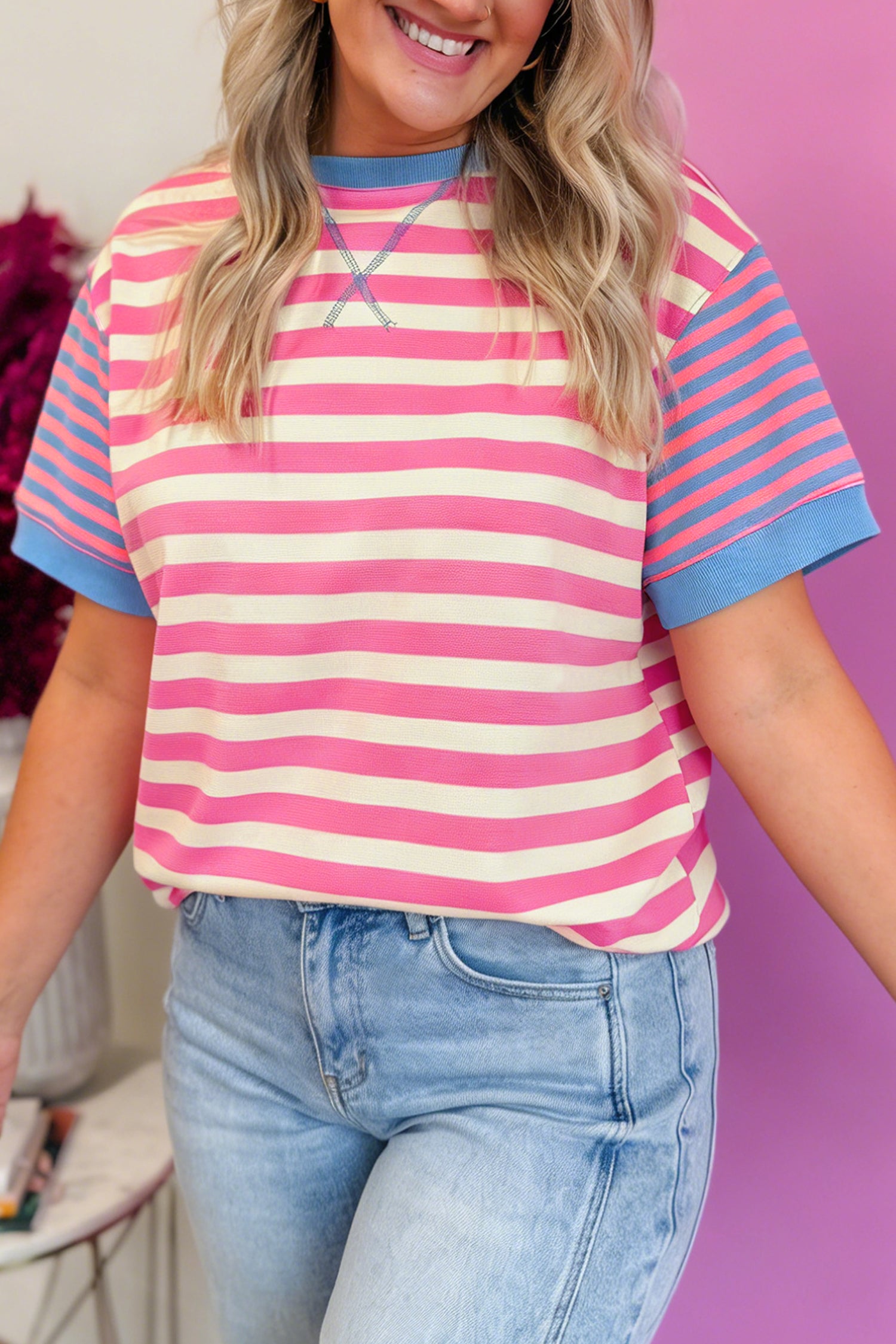 Pink Stripe Contrast Patchwork Short Sleeve Top