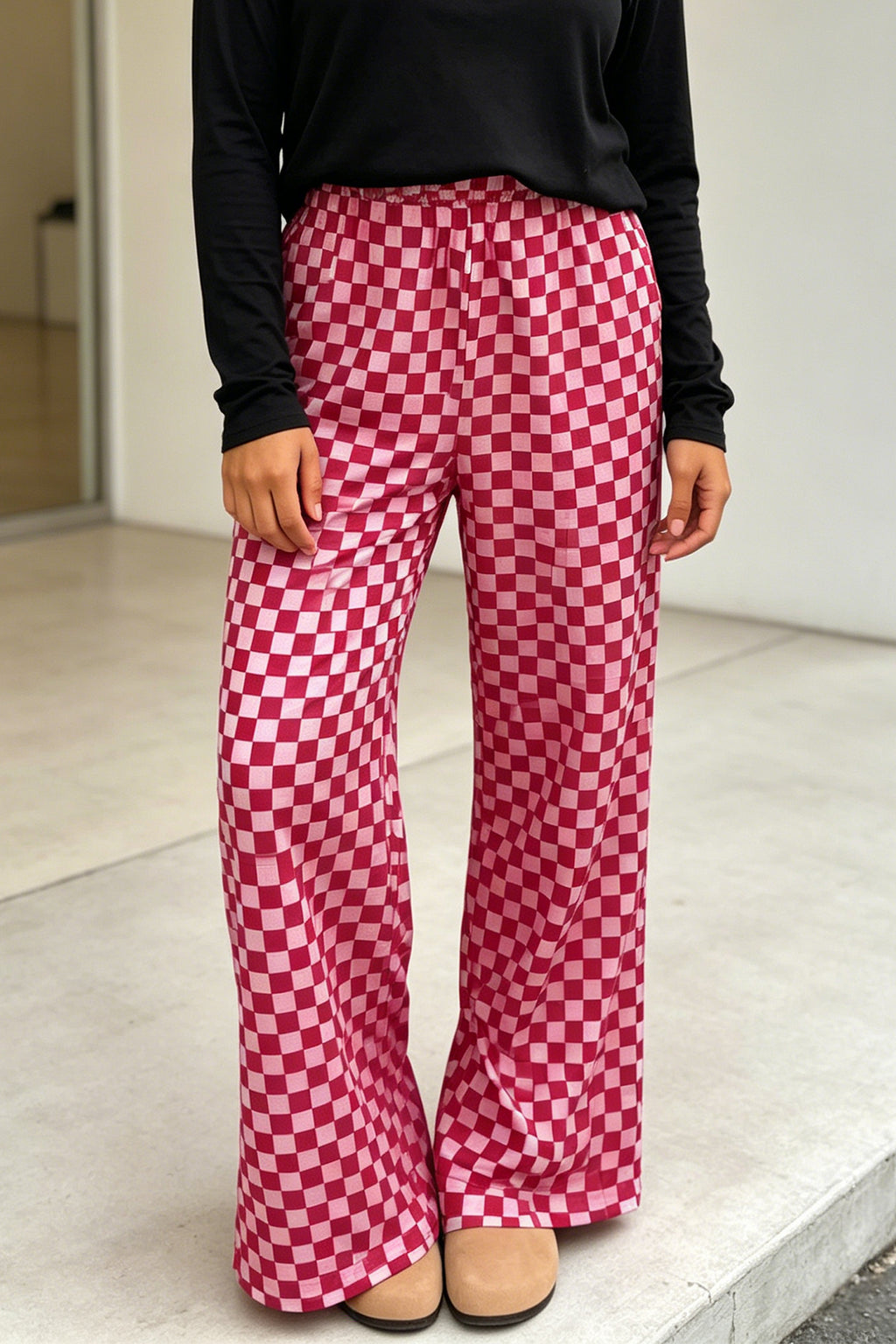 Rose Plaid Checkered Casual Pants with Pockets