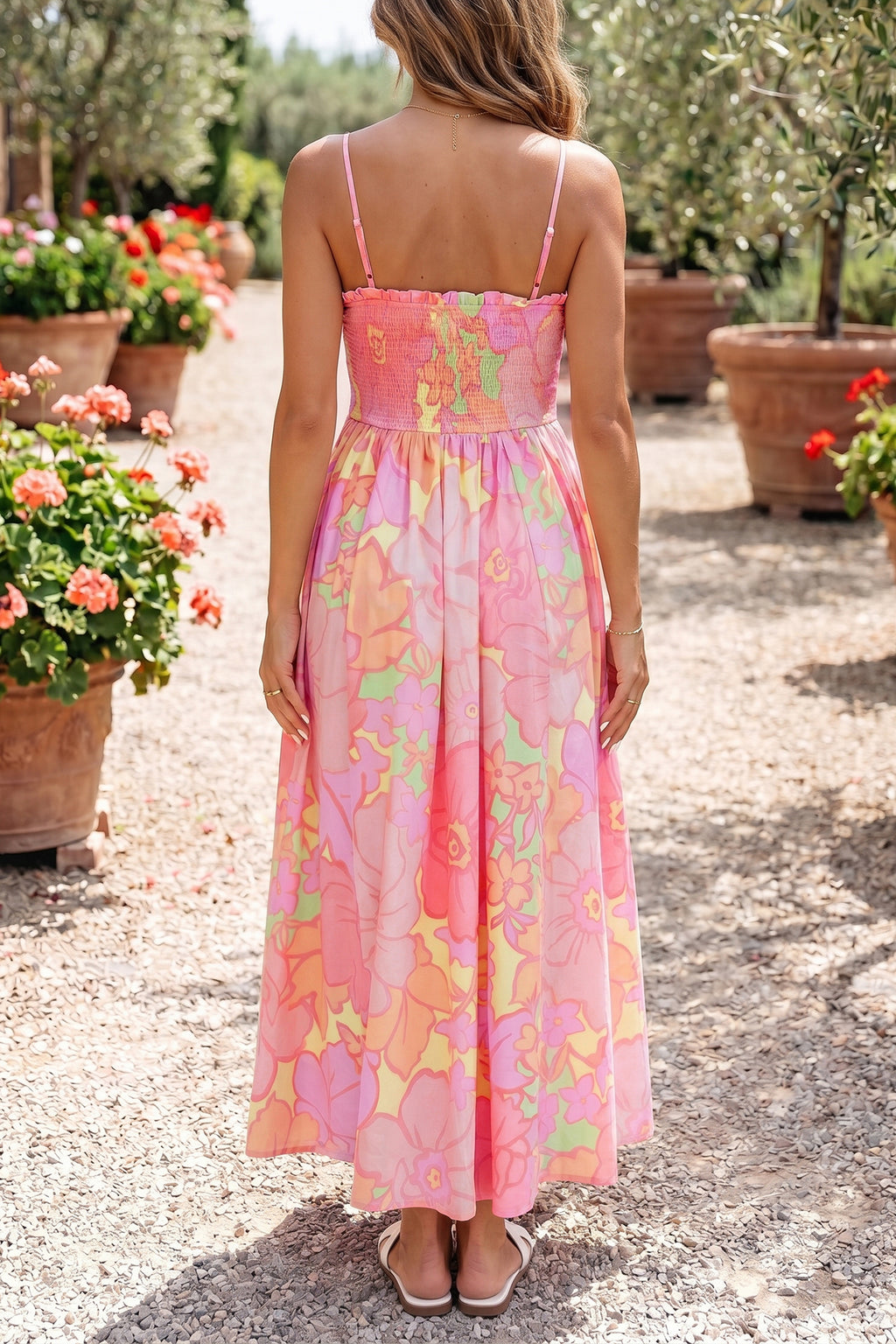 Spaghetti Strap Floral Shirred High Waist Dress