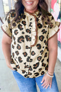 Plus Size Leopard Print Frilled Color Block Trim Button Down Short Sleeve Top