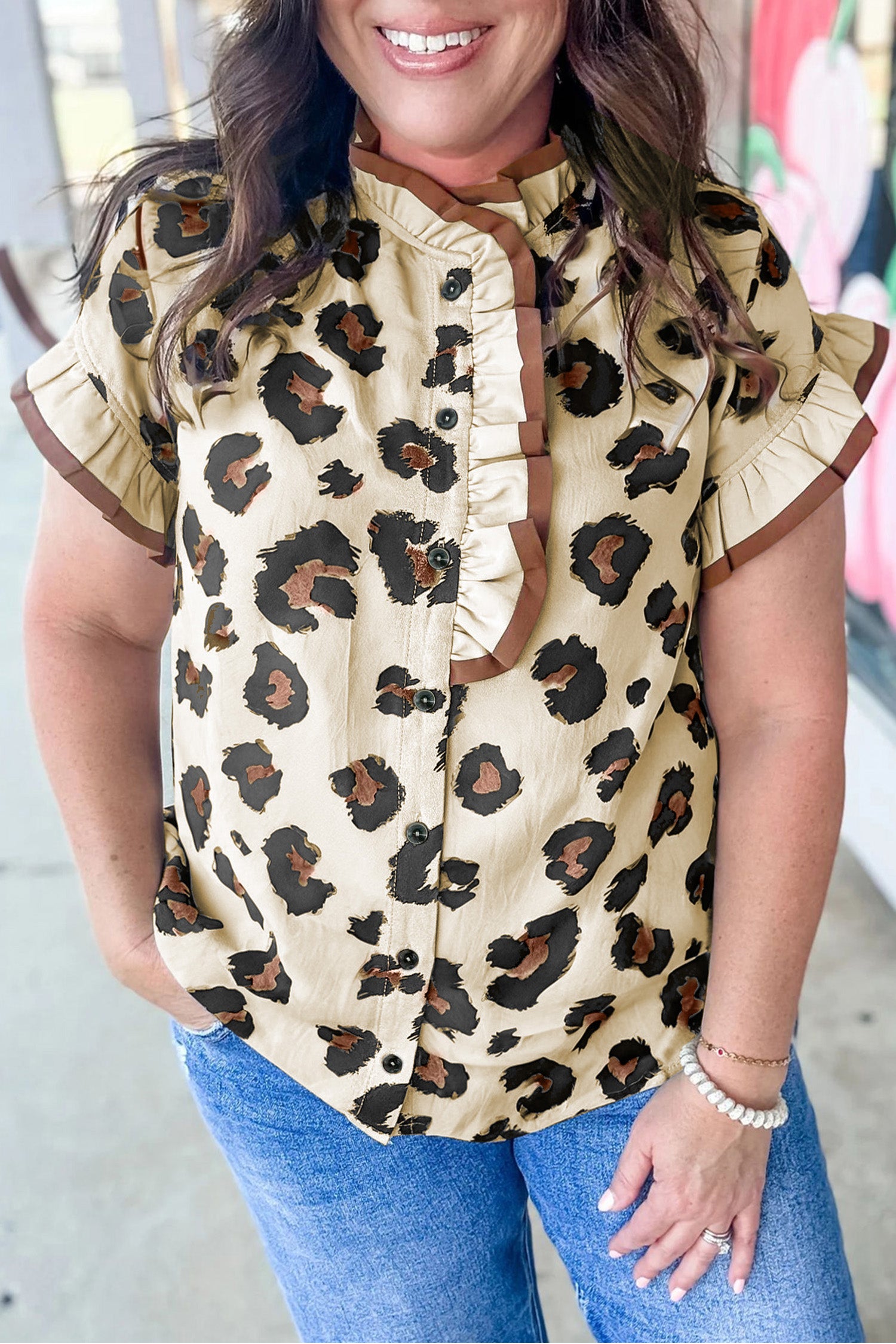 Plus Size Leopard Print Frilled Color Block Trim Button Down Short Sleeve Top