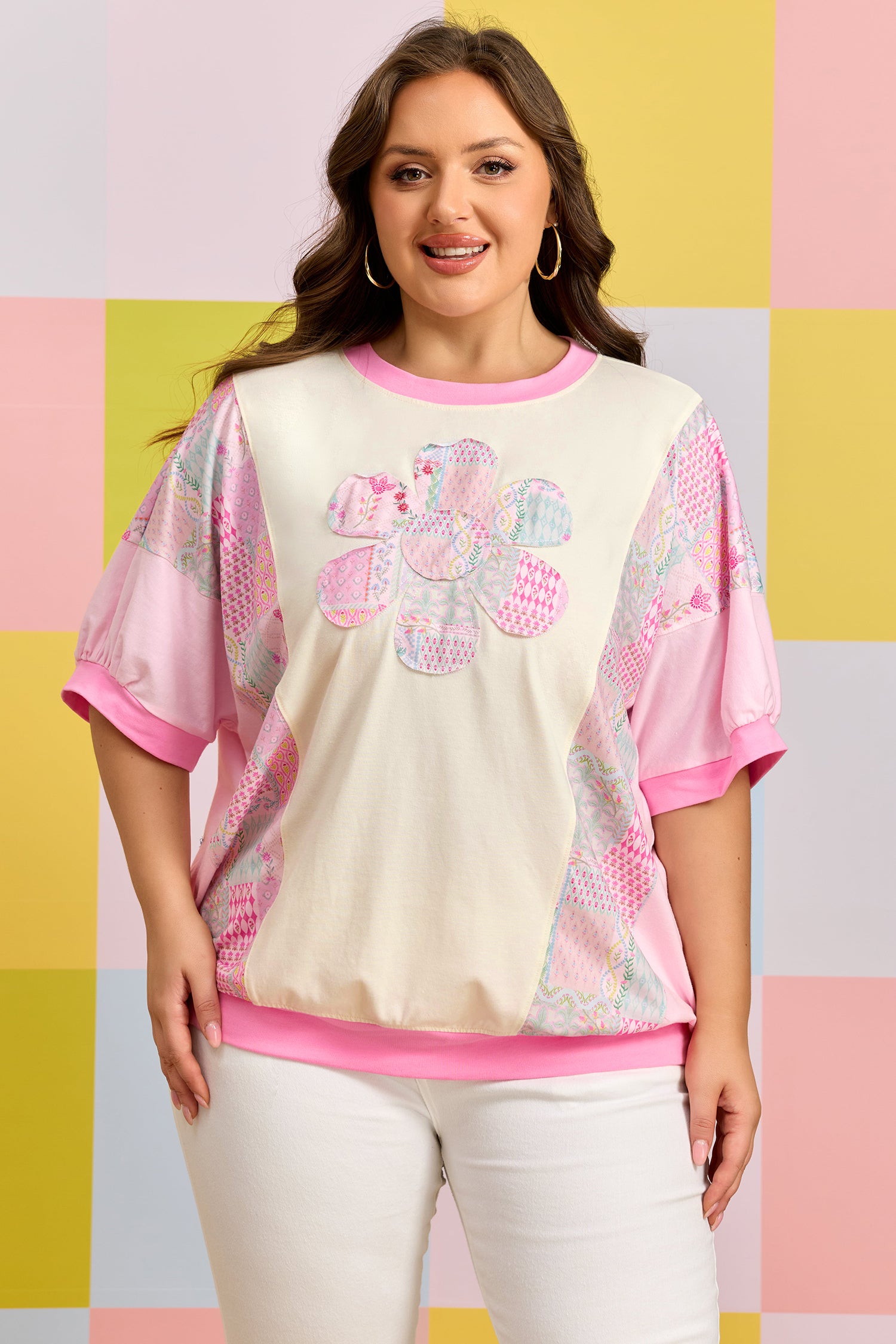 Beige Plus Size Floral Patchwork Short Sleeve Patch Embroidery Cotton Top