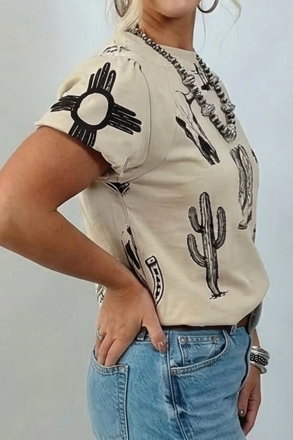 Beige Retro Western Print Top