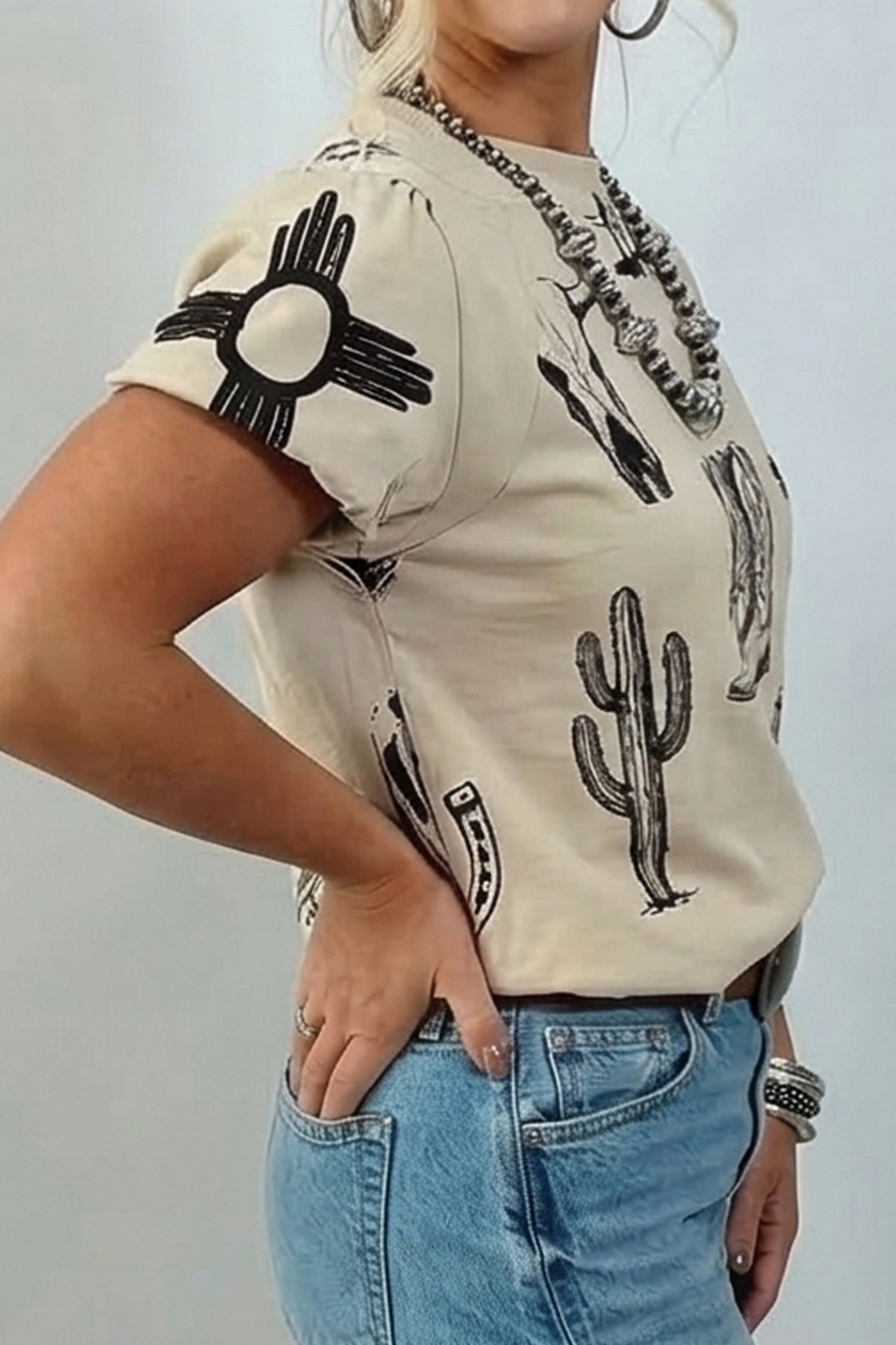 Beige Retro Western Print Top