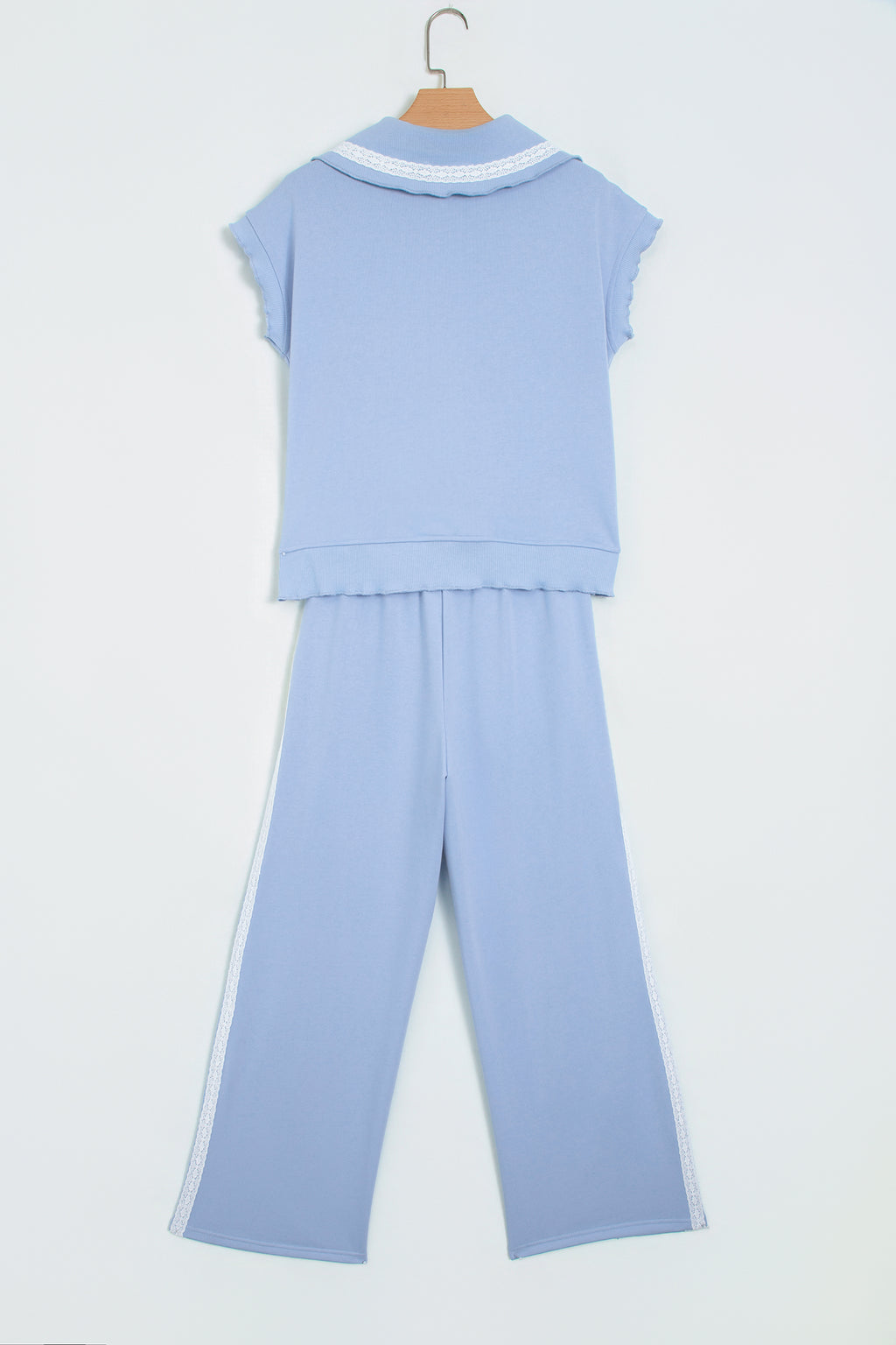 Sky Blue Lace Accent Zipped Collar Two Piece Set