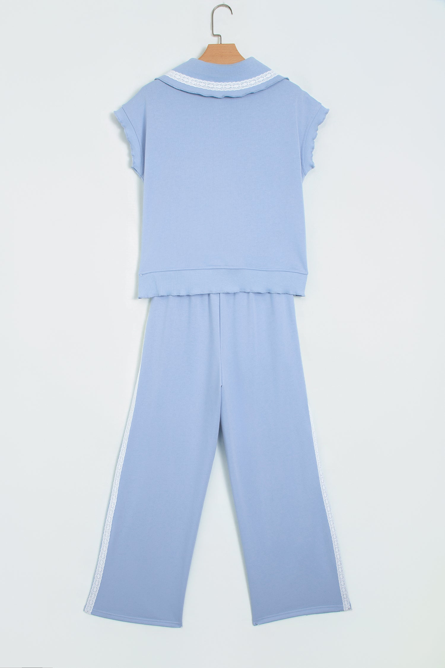 Sky Blue Lace Accent Zipped Collar Two Piece Set
