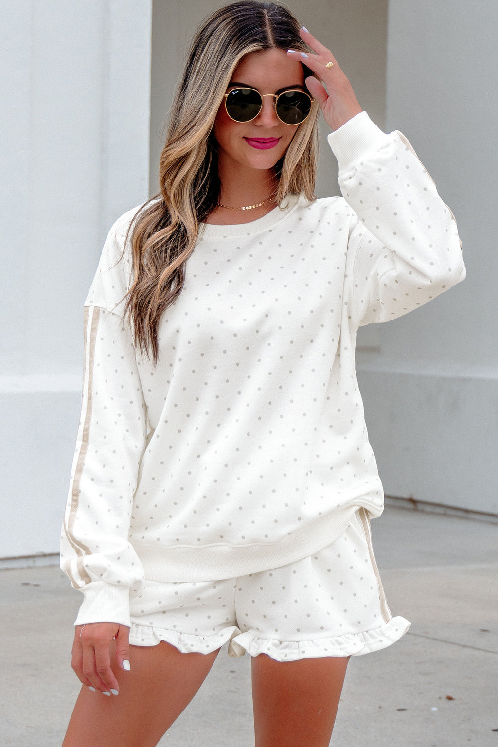 White Polka Dot Print Side Stripe Two Piece Set