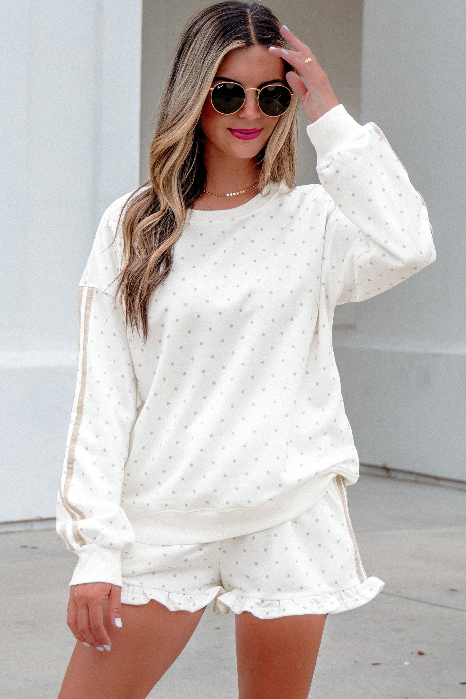 White Polka Dot Print Side Stripe Two Piece Set