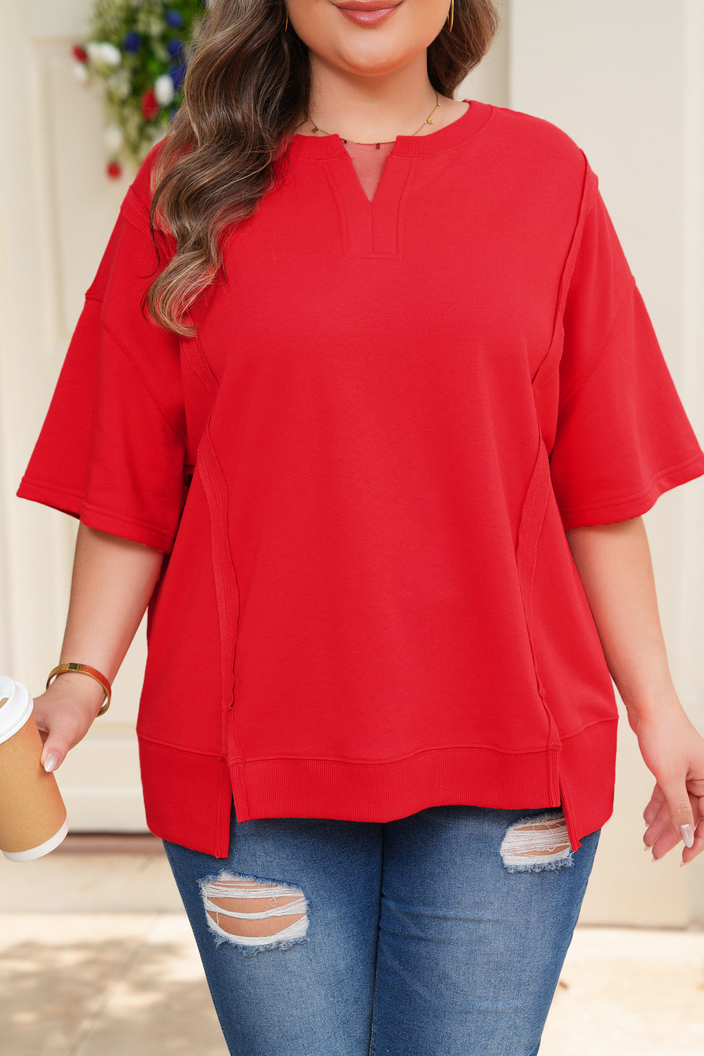 Plus Size Notched Neck Short Sleeve Top