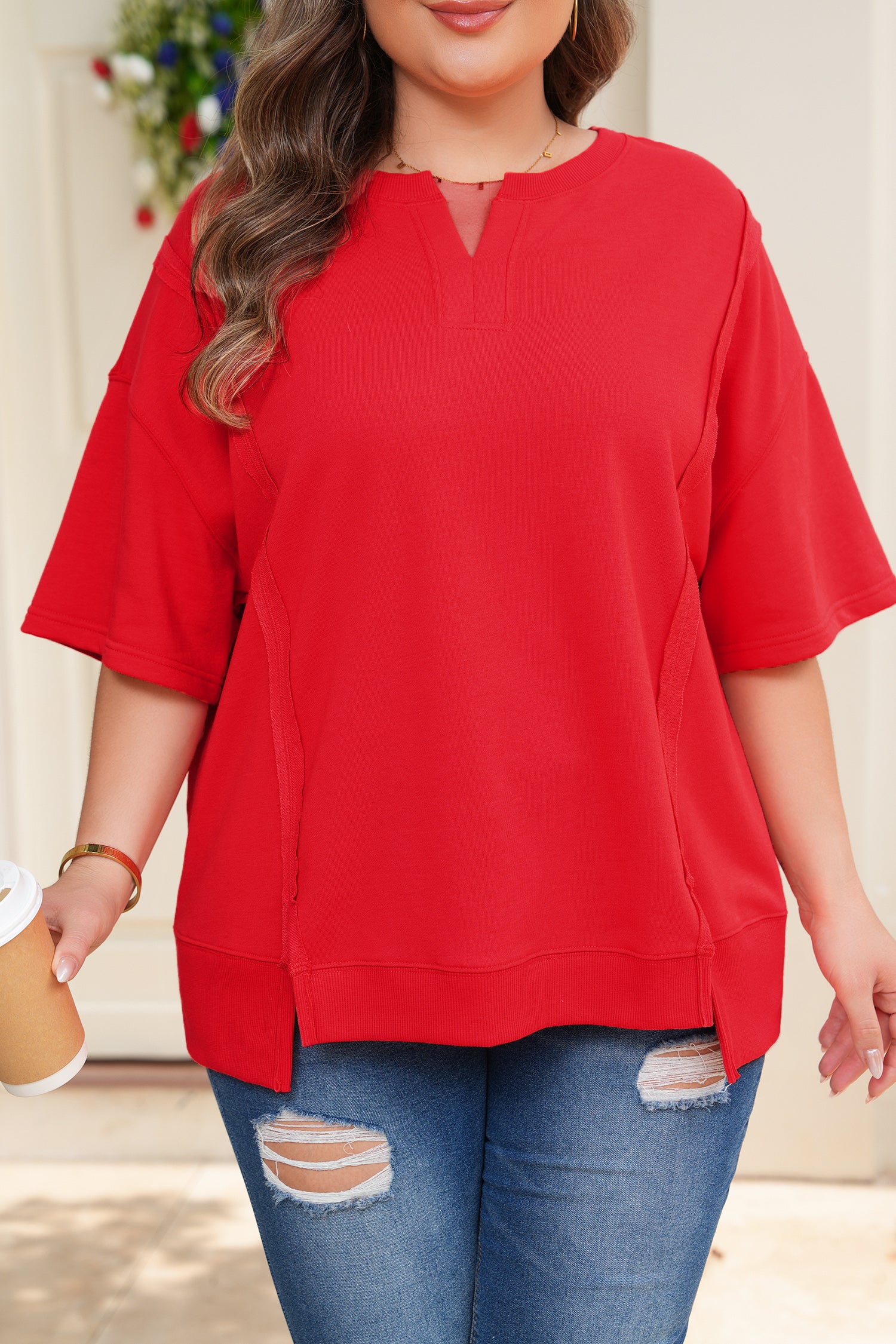 Plus Size Notched Neck Short Sleeve Top